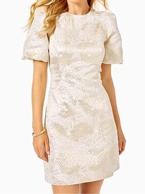 Lilly Pulitzer Ailani Shift Dress gold metallic floral Jacquard - Size 2